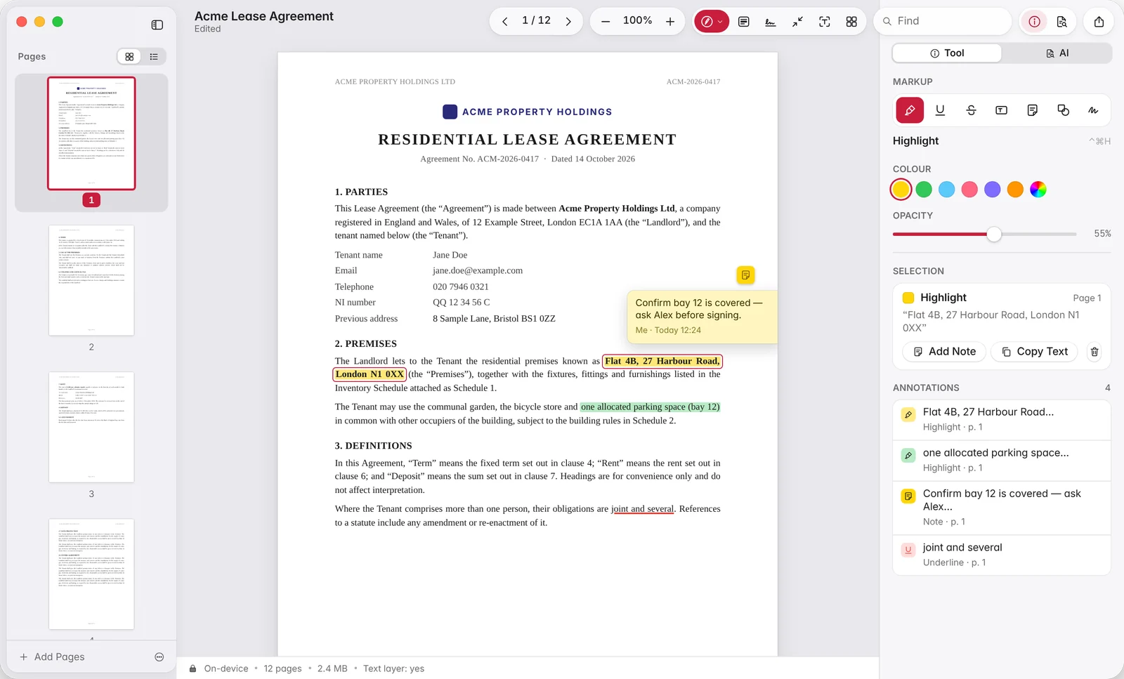 PDF Edit Studio editor window showing a lease agreement with page thumbnails, highlights and the markup inspector