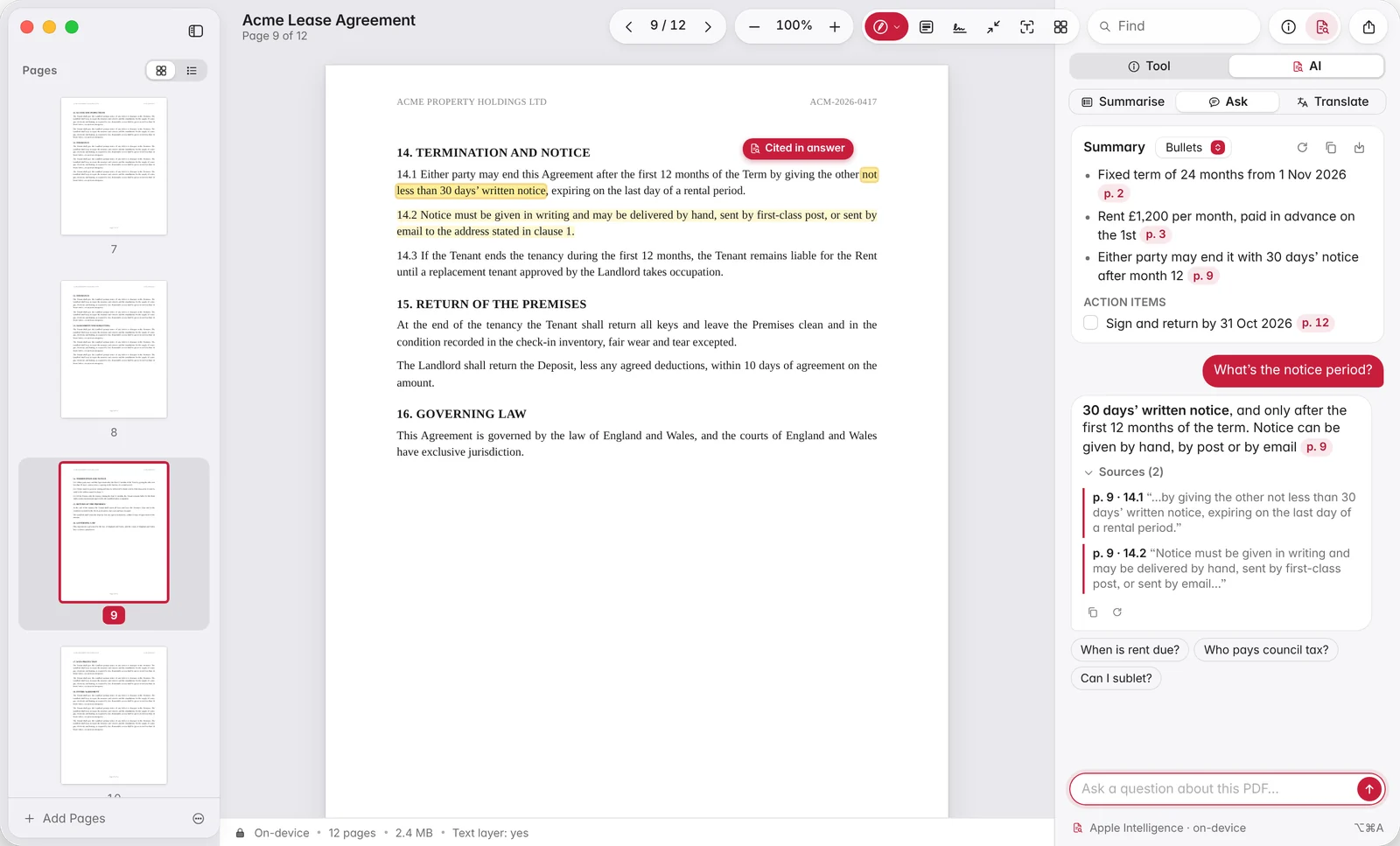 AI panel with a summary and an answer citing page 9