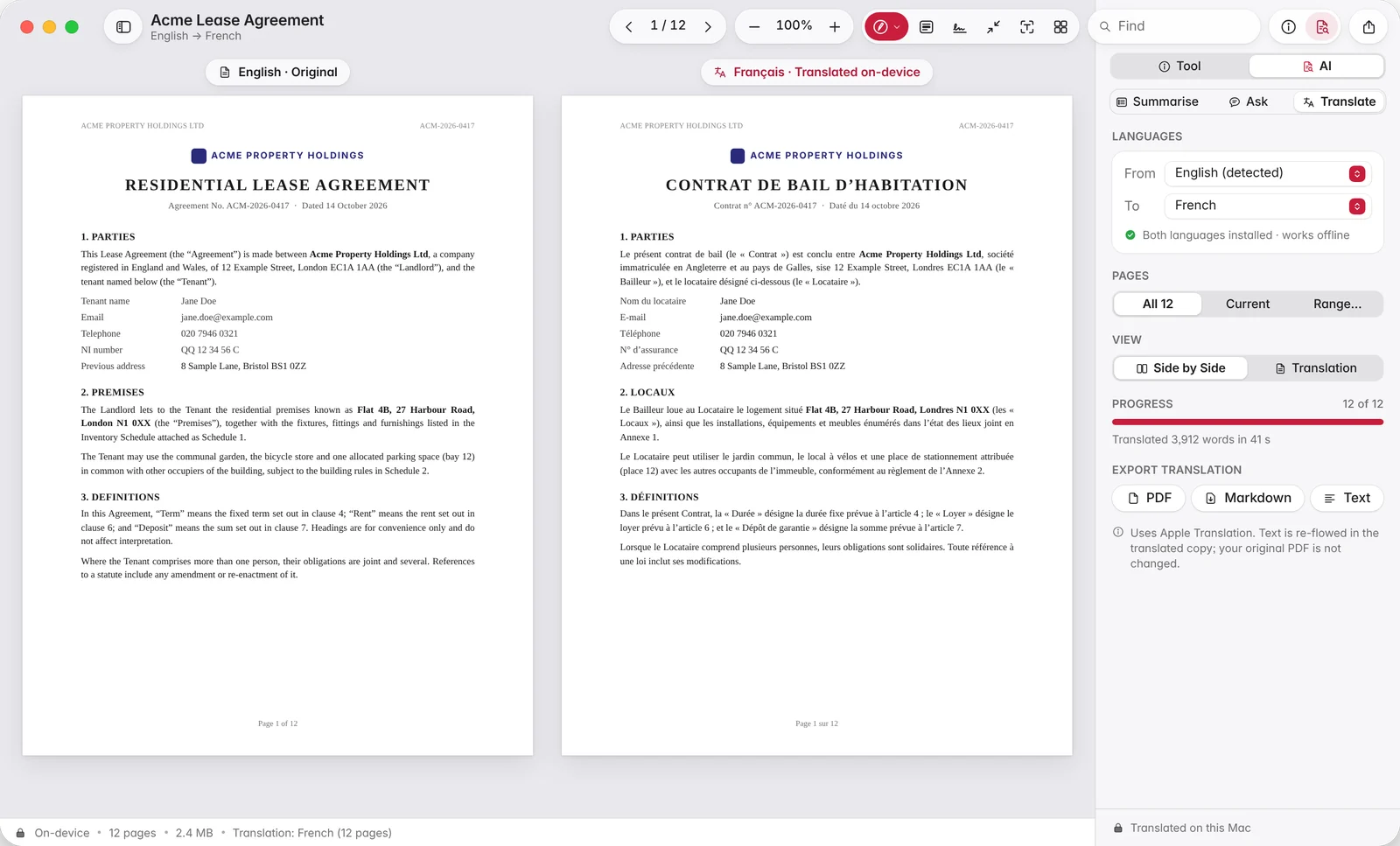 English lease and its French translation side by side