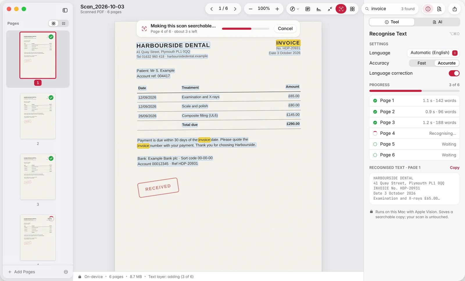 OCR in progress on a scanned invoice with search matches highlighted