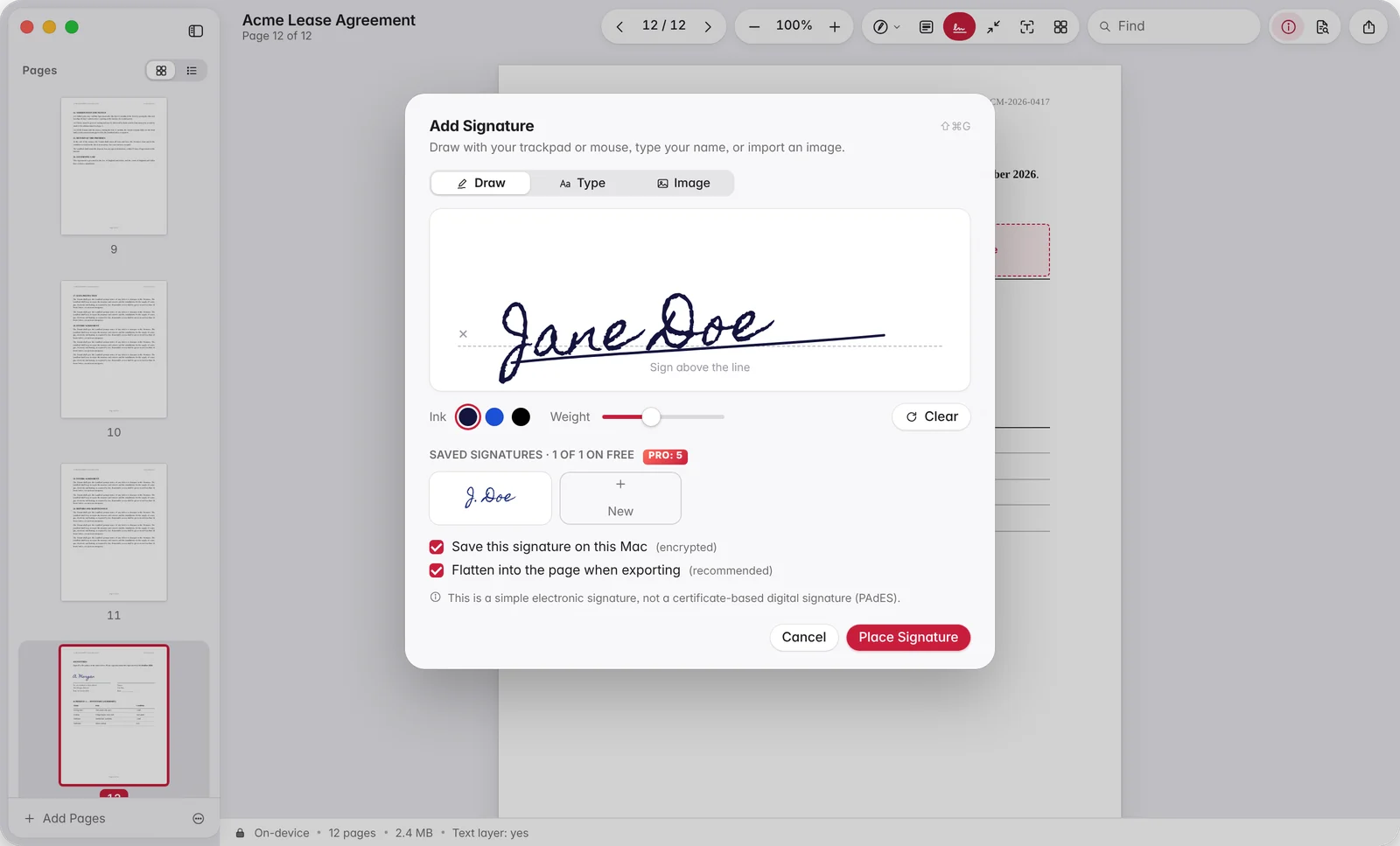 Add Signature sheet with a drawn signature