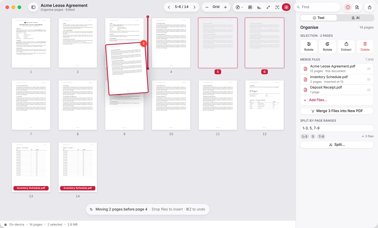 Page grid with pages being reordered